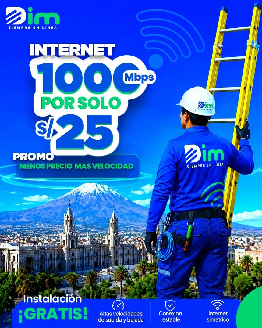 Técnico DIM instalando fibra óptica en Arequipa, con el Misti de fondo